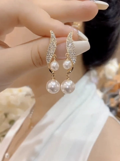Temperament Design Sense Full Diamond Pearl Earrings Light Luxury Fashion Silver Needle Earrings 2025 New Trendy Personality Versatile Earrings