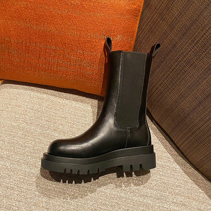 2025 Cowhide version~ New autumn and winter platform Chelsea short boots women's inner height increase Martin boots velvet chimney medium boots