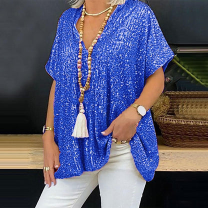 2025 new 2025  short-sleeved urban casual color loose pullover sequined V-neck T-shirt top women's clothing