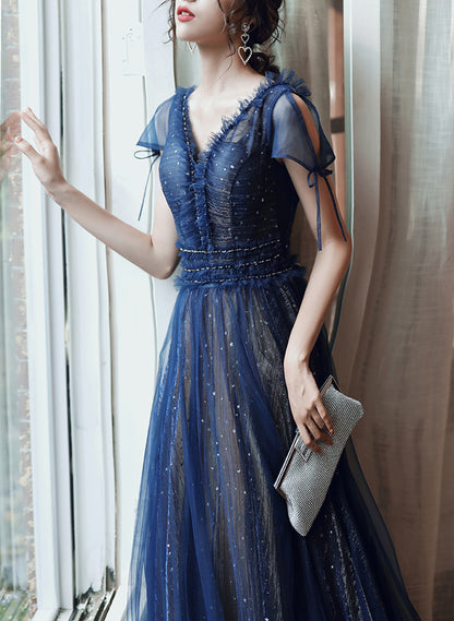 LOVECCRNavy Blue A-line Short Sleeves V-neckline Party Dress, Navy Blue Prom Dress