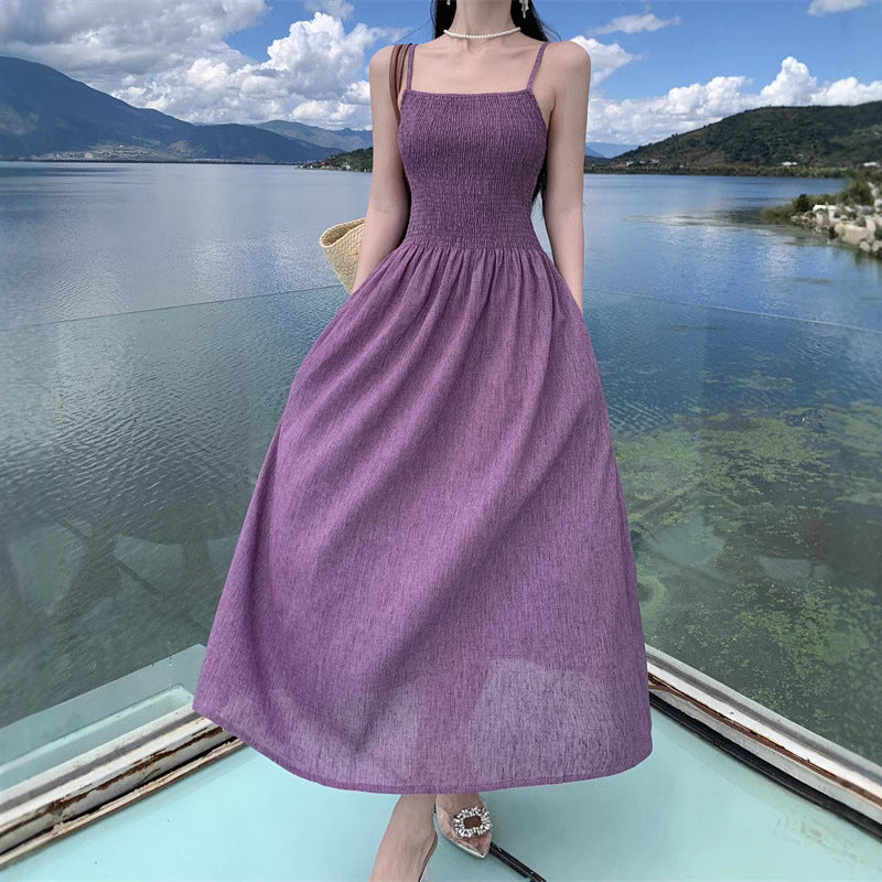 2025 Early autumn new purple Korean high-end waist skirt, thin vacation niche design suspender dress for women