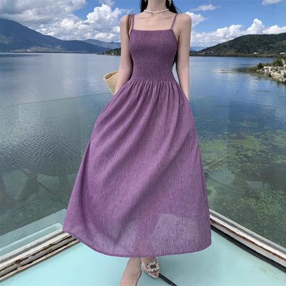 2025 Early autumn new purple Korean high-end waist skirt, thin vacation niche design suspender dress for women