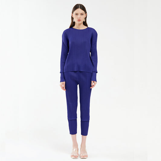 spring new women's clothing splicing casual suit long-sleeved top fashion versatile pants two-piece set women