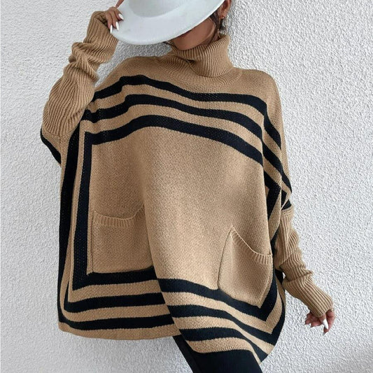 Popular trade knitted women's clothing  turtleneck striped bat sleeve cape shawl sweater jacket women