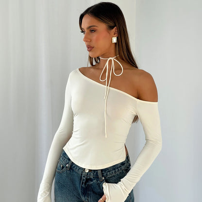 LOVECCR 2025 INS style women's clothing Hot summer new fashionable solid color slanted shoulder slim shoulder sexy long-sleeved T-shirt top