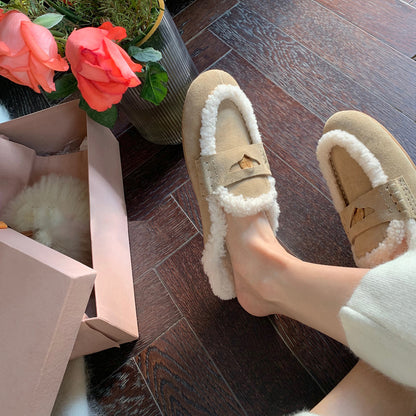 2025  Baotou half slippers, one pedal, gold coins to keep warm, plush slippers, women wear muller shoes