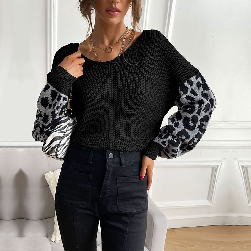 LOVECCR Popular trade autumn and winter popular new V-neck knitted pullover top loose and lazy leopard print splicing sweater women