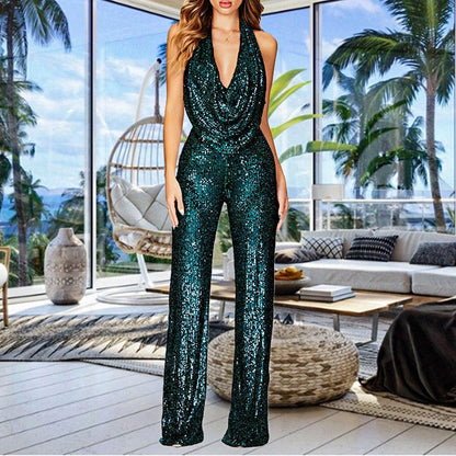 Spot 2025 new  2025 summer New jumpsuit women's sleeveless neck sequined jumpsuit women