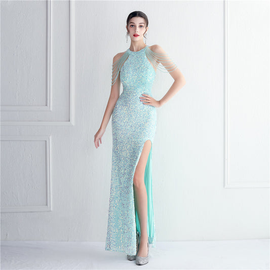 19386 #Heavy Industry Glass Bead Craft Bead Ordering Banquet Evening Dress Temperament Elegant Long Neck Split Sequins