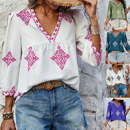 2025 Popular, ,  New women's clothing summer new fashion printed bag seven-quarter sleeve V-neck women's top