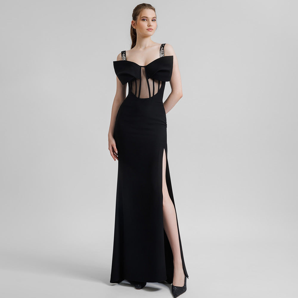 LOVECCR popular winter black nail drill suspender bow semi-transparent long dress dress new slim-fitting 2025 women's dress