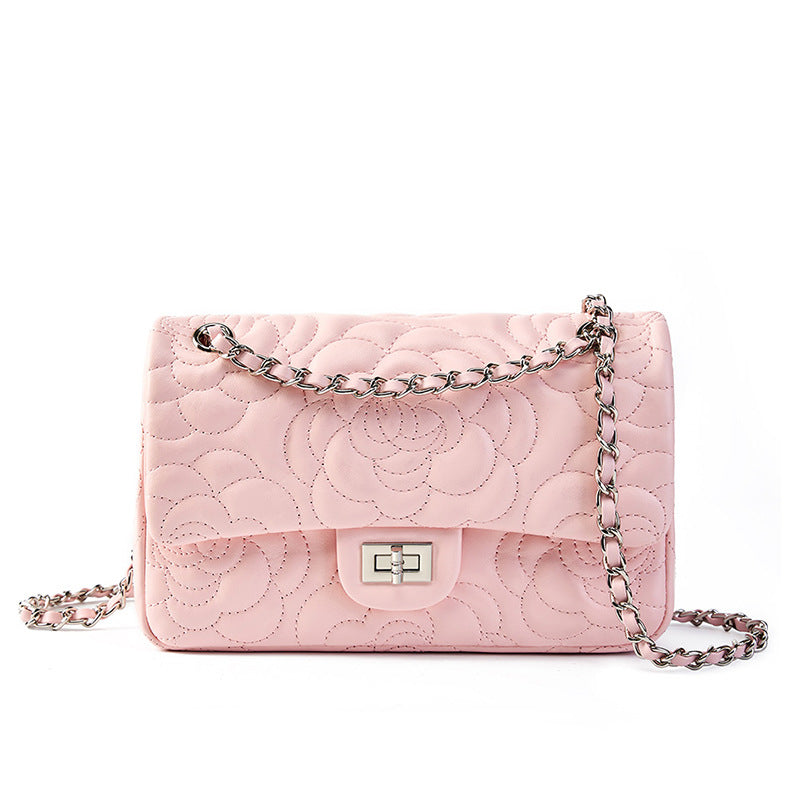 2025 Leather women's bag, textured premium chain bag, Xiaoxiangfeng camellia bag, sheepskin single shoulder messenger bag, underarm bag.