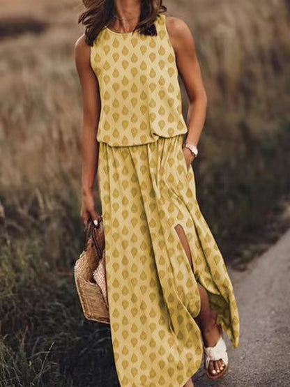 New spring and summer new  Popular trade women's clothing round neck sleeveless dress split fork solid color casual commuter dress