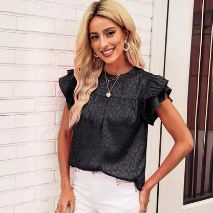 2025 Popular, ,  New women's clothing summer new fashion versatile printed lotus leaf sleeve wavy collar women's top