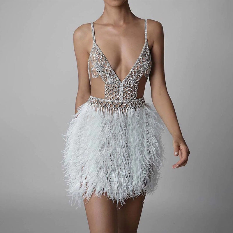 INS autumn and winter new 2025 Popular trade  suspender V-neck feather dress sexy women's banquet evening dress