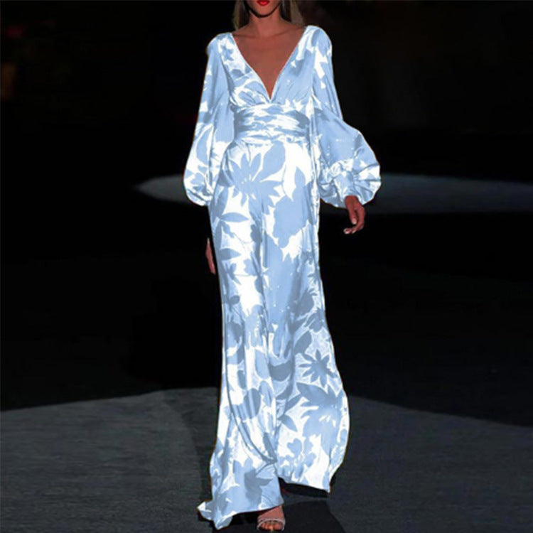 2025 new New  2025 women's dress slim lantern sleeve fashion printed V-neck dress
