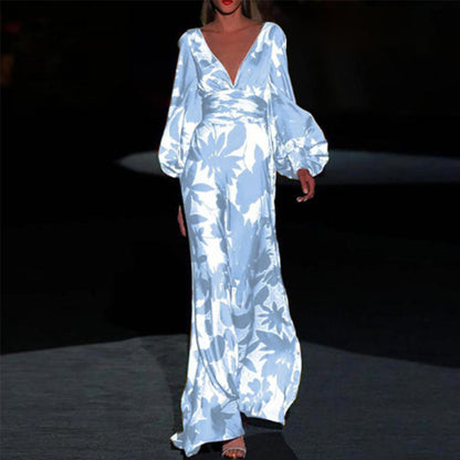 2025 new New  2025 women's dress slim lantern sleeve fashion printed V-neck dress