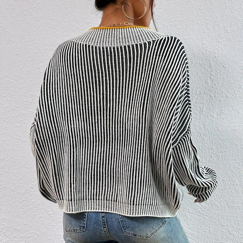 Popular, ,  autumn and winter V-neck loose and thin bat sleeve sweater striped contrasting color pullover knitted sweater top