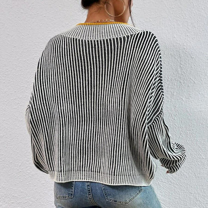 Popular, ,  autumn and winter V-neck loose and thin bat sleeve sweater striped contrasting color pullover knitted sweater top