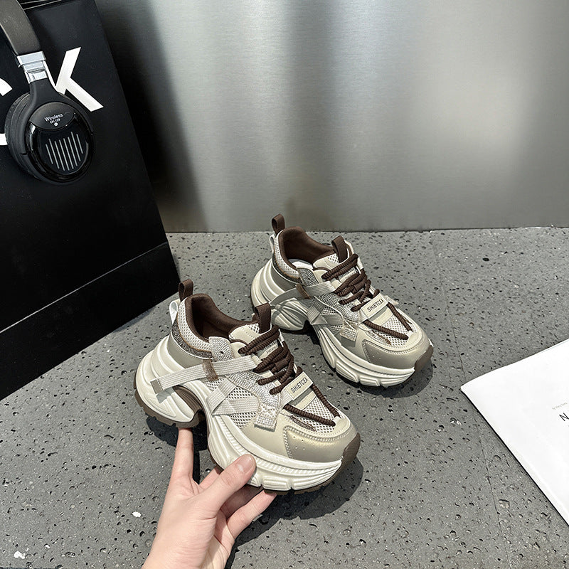 2025 new spring and summer popular small man height increase casual sports shoes rhinestone platform leather dad shoes women