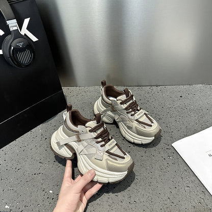 2025 new spring and summer popular small man height increase casual sports shoes rhinestone platform leather dad shoes women