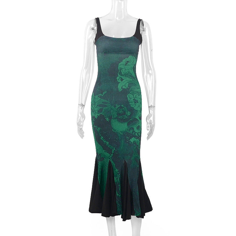 LOVECCR 2025 PB138 popular street style new Y2K long dress printing splicing contrasting color wasteland wind flower suspender dress tide