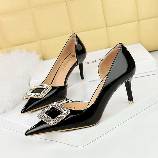 LOVECCR 2025 638-AK32  style banquet women's shoes high heel glossy patent leather shallow mouth pointed side hollow rhinestone buckle single shoes women