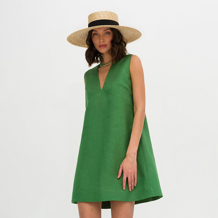 2025   simple and comfortable loose cotton and linen vest skirt women's summer solid color V-neck sleeveless dress short skirt