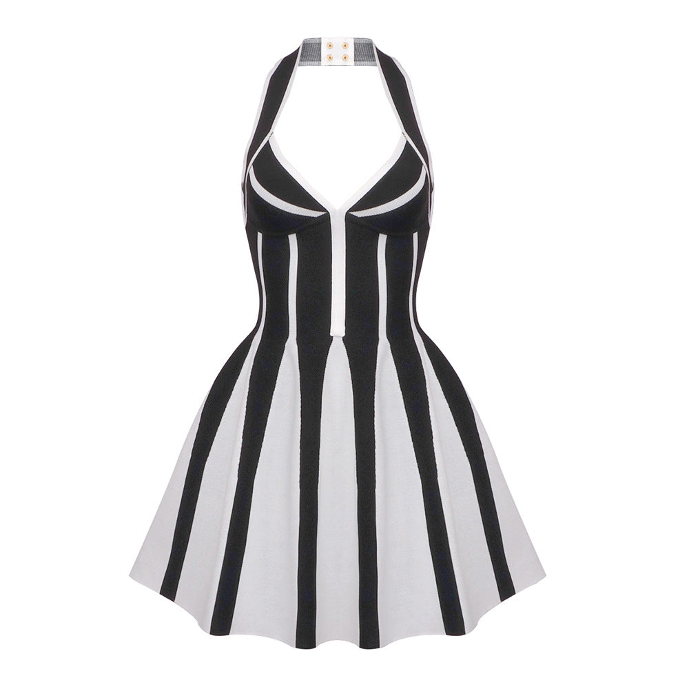 LOVECCR Popular, 2025 popular summer new  sweet and spicy neck halter suspender knitted striped dress bandage jacquard
