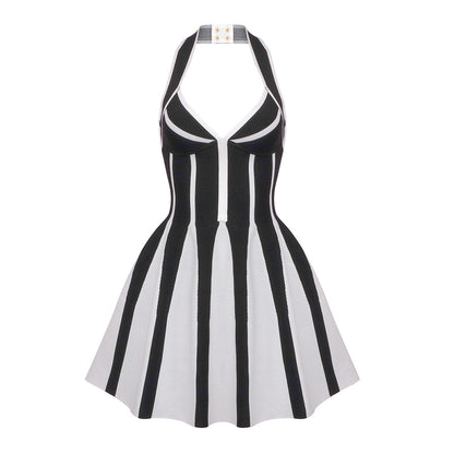 LOVECCR Popular, 2025 popular summer new  sweet and spicy neck halter suspender knitted striped dress bandage jacquard