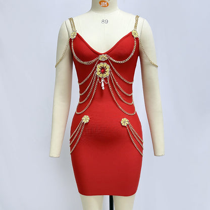 LOVECCR  European and American Tide Brand Women's Clothing Dress High Quality   Heavy Industry Gold Chain Sexy Bandage Evening Dress