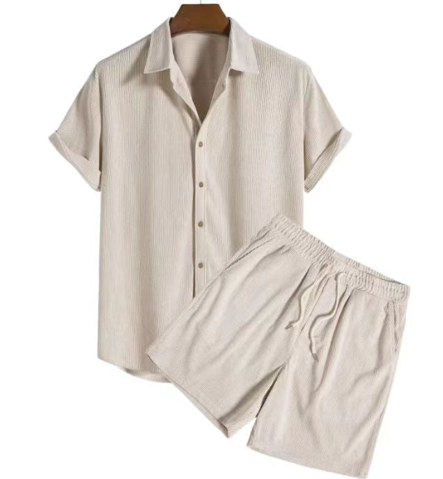 European and American  Foreign Trade Independent Station Men's Casual Loose Multi-Color Beachwear Corduroy Short Sleeve Suit Two-Piece Set