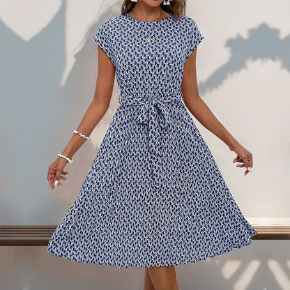 LOVECCR Summer short-sleeved lace-up pleated dress  temu hot sale fashionable women's clothing elegant temperament simple skirt