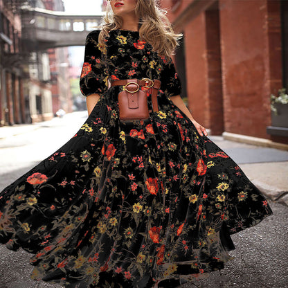 2025 spring and autumn  new New  dress printed pendulum temperament chiffon floral slim dress