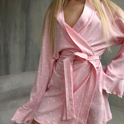 LOVECCR 2025 long-sleeved ruffle edge nightgown winter warm pink love print loungewear hot-selling knitted women's pajamas