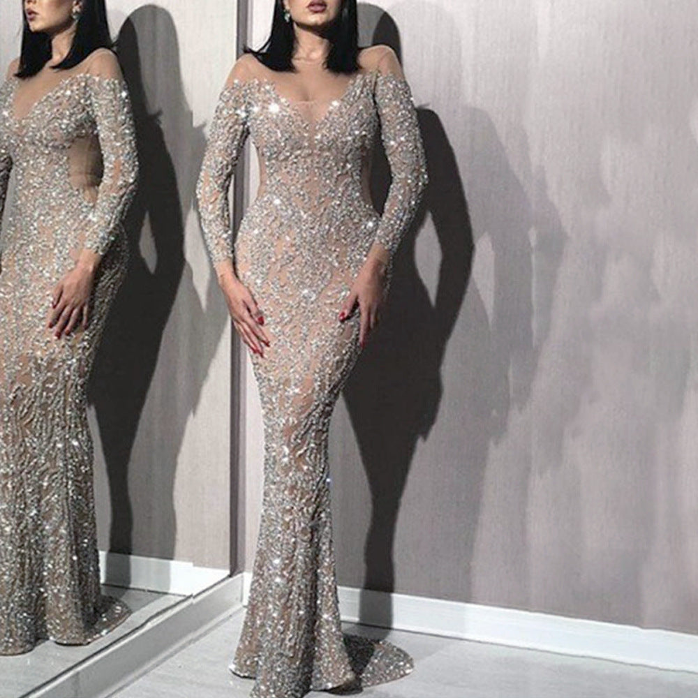 New spring new  Popular trade women's clothing bronzing long-sleeved slim-fitting sexy long dress banquet evening dress