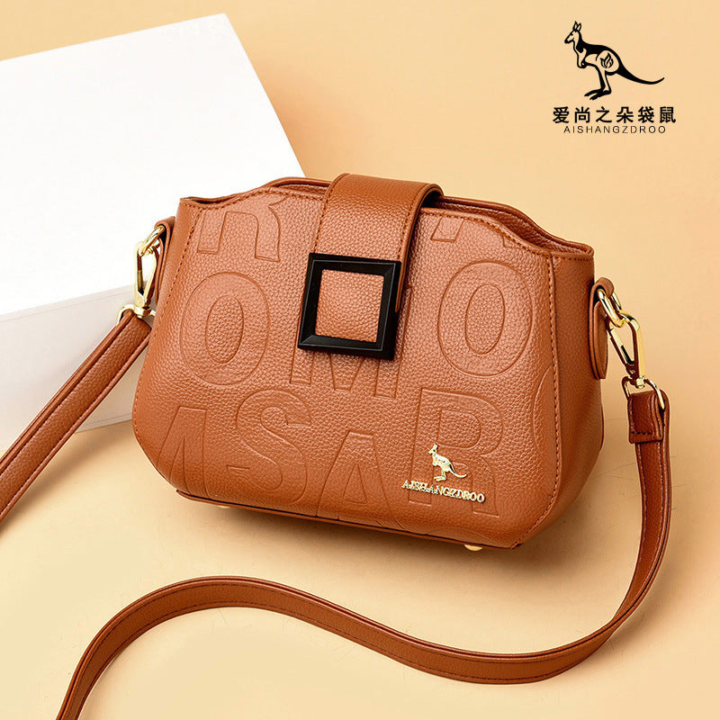 2025 Bag popular New Fashion Letter Embossed Shoulder Bag Simple Square Buckle Middle-aged Mom Bag Wide Shoulder Strap Crossbody Bag