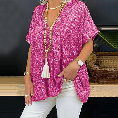 2025 new 2025  short-sleeved urban casual color loose pullover sequined V-neck T-shirt top women's clothing