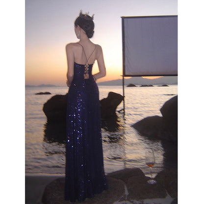 2025 Muse Fan Blue Sequin Dress Women's Summer Seaside Vacation Hepburn Style Premium Split Dress Suspender Long Dress