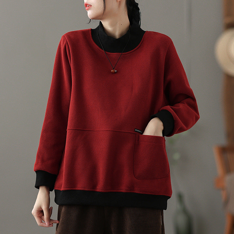 Retro turtleneck sweater fleece thickened women's popular winter new loose and thin casual versatile long-sleeved top