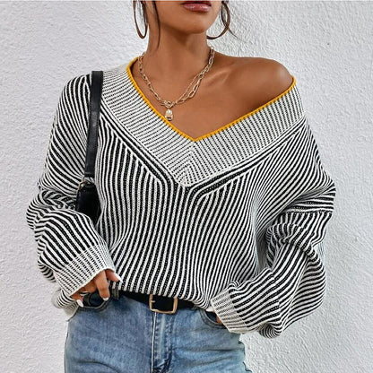 Popular, ,  autumn and winter V-neck loose and thin bat sleeve sweater striped contrasting color pullover knitted sweater top