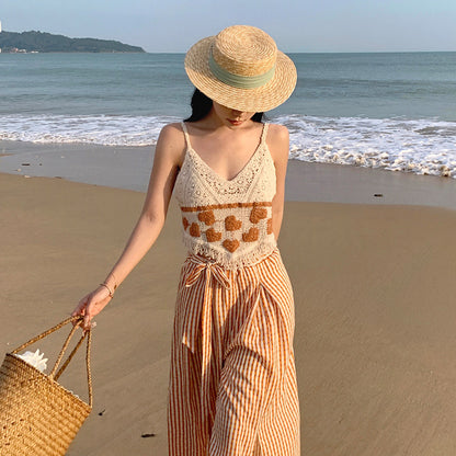 2025 Thai niche top summer short outer wear Spice girls wear seaside vacation knitted fringed sling vest women's inner wear