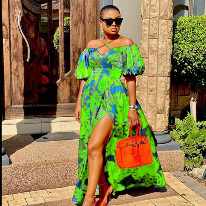 2025 New new spring and summer  2025 women's clothing dress printed open-ended tube top hanging neck V-neck long dress