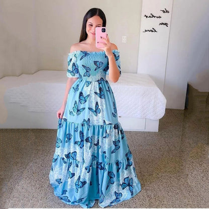 New new spring and summer  women's clothing dress, one-word shoulder floral fashion off-the-shoulder long, printed skirt