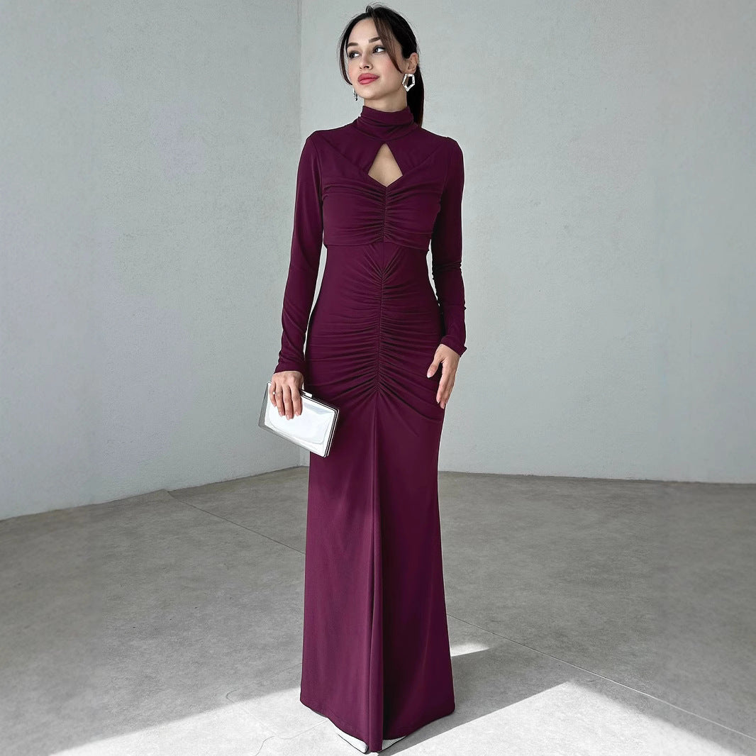 LOVECCR 2025 popular winter  women's clothing new fashion temperament high collar hollow slim fold solid color long sleeve dress women