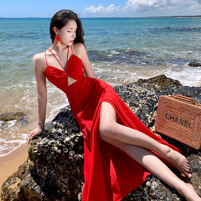 2025 Pure desire red backless suspender dress, Thailand Sanya seaside vacation beach dress, lace-up waist long dress, women's summer
