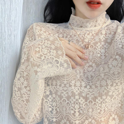 Autumn and winter new Popular-style shirt women's semi-turtleneck embroidered flower exquisite inner lace shirt super fairy mesh bottoming top