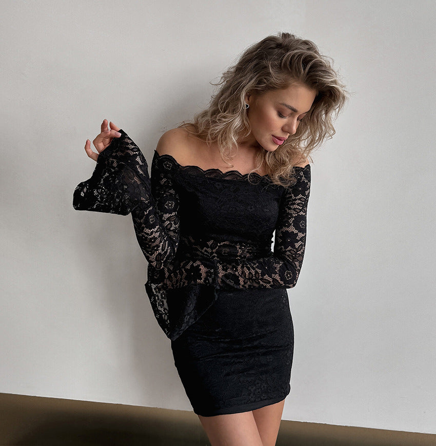 2025 one-word shoulder sexy lace dress women's winter waist tight skirt pure desire sexy hip skirt