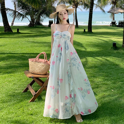 2025 Little fairy print skirt fairy suspender floral dress summer dopamine seaside vacation beach dress