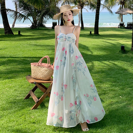2025 Little fairy print skirt fairy suspender floral dress summer dopamine seaside vacation beach dress